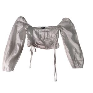 SHEIN Smocked‎ Crop Top Square Neck Long Sleeve Tie Front White Size Small